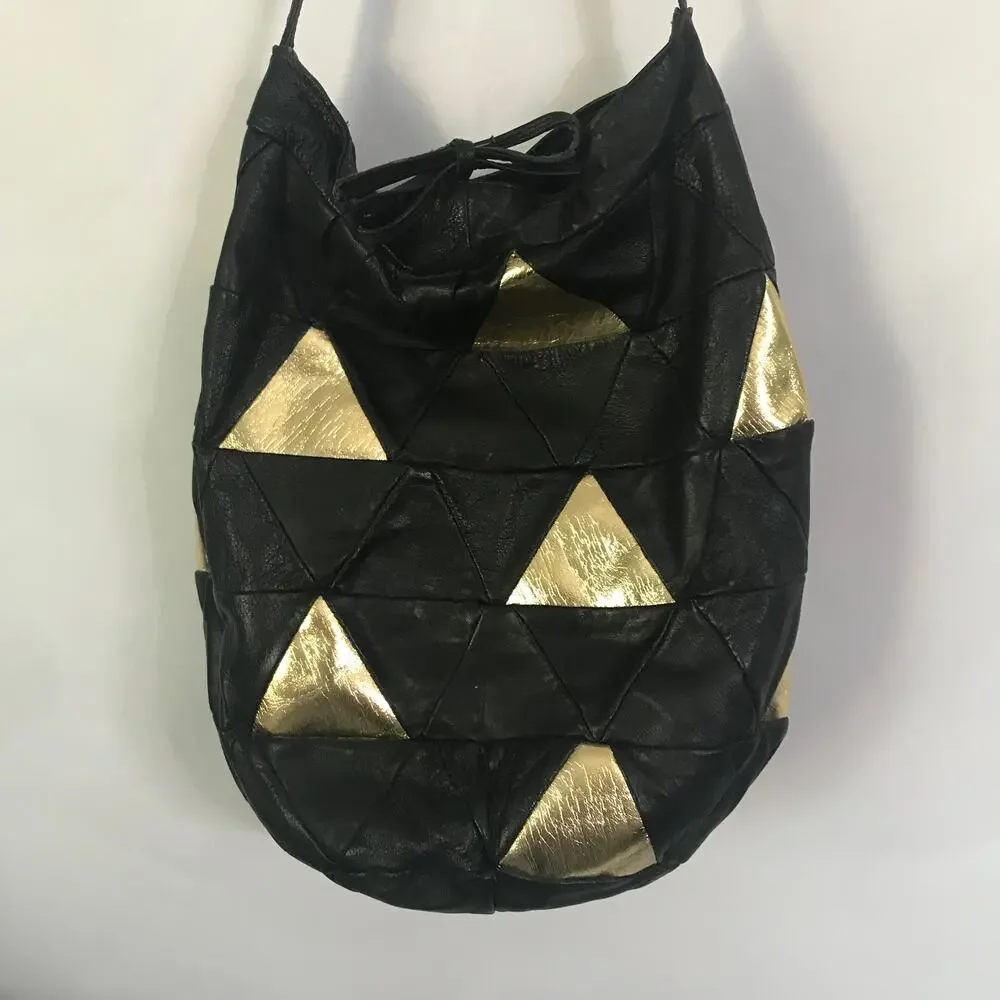 33 East Etra Purse Rare Vintage Bucket Leather Black Gold Triangle Boho Italy